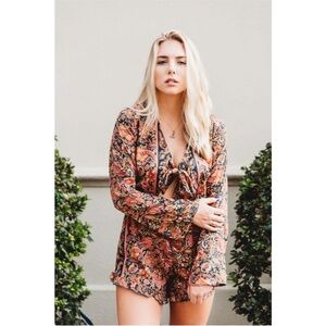 RAGA Multicolor Paisley Tie-Front Plunge Neckline Romper